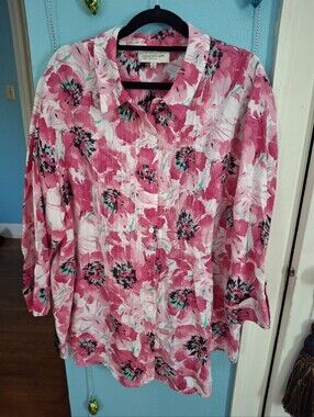JONES NEW YORK PINK FLORAL WOMENS 2X BLOUSE 3/4 SLEEVE SPORTY WOMAN PRE-OWN